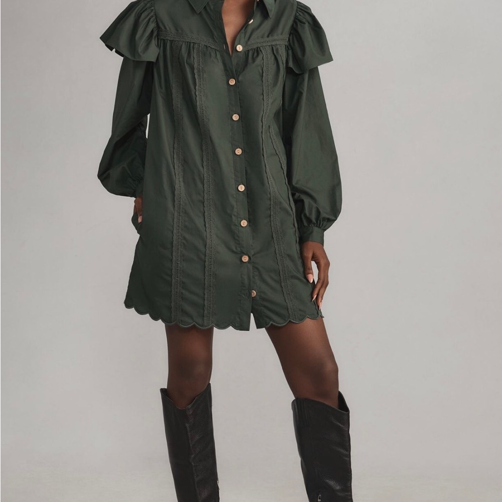 Farm Rio x Anthropologie - Elegant Dark Green Ruffle Dress